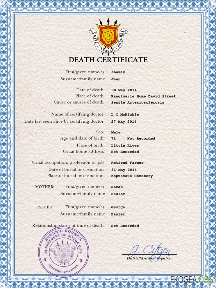 Modèle PSD de certificat de décès de l'état civil du Burundi